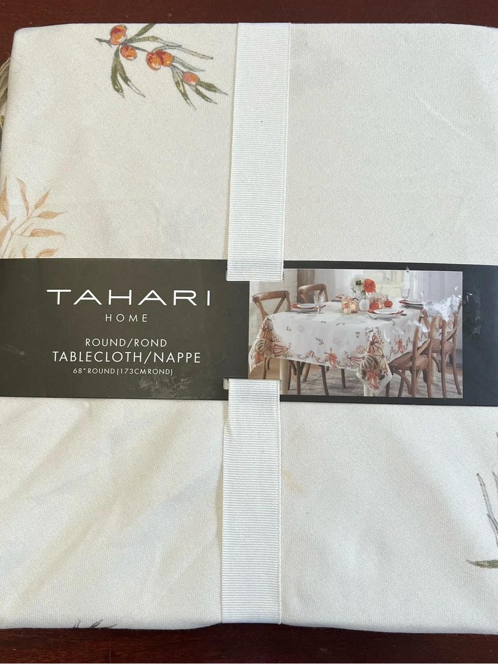 Tahari Autumn Floral Pumpkin Round Tablecloth in Cream and Orange